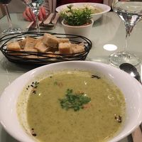 Broccoli soup and rice bread at Organi Chiado in Lisbon