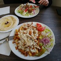 Vegan kebab with fries, falafel salad, and hummus. (Vegan sauces) at Kungsgrillen in Vaxjo