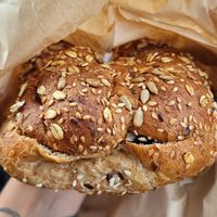 Bagel with roasted veggies and handmade vegan feta with almonds at Meraki Cafe in Volos