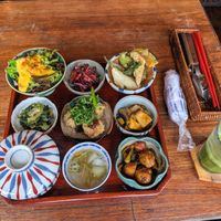 Lunch set and green smoothie at Natural Food Village in Kyoto