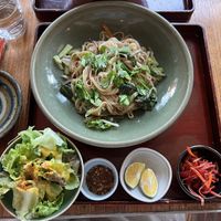 Thai noodle set with sides (chilli flakes were really spicey)  at Natural Food Village in Kyoto