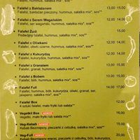 Menu at Falafel Zudi in Warsaw