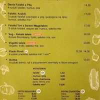 Menu at Falafel Zudi in Warsaw
