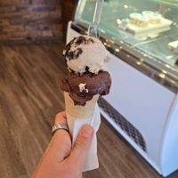 Dark chocolate candied orange and peanut butter Oreo smash. at Gemelli Gelato in West Chester