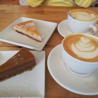 Chocolate caramel torte and bakewell slice at Plum Vanilla in Narberth
