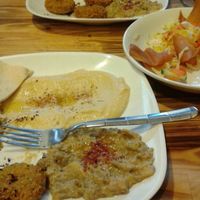 Variety platters and fatoush salad.  at Falafel Koy in Istanbul
