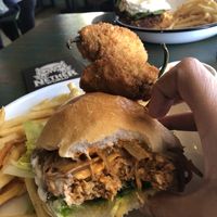 Special burger - harissa “chicken” and popper. All vegan  at Netherworld in Fortitude Valley