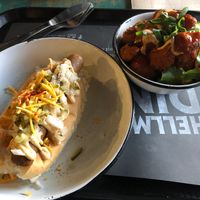 The Reuben dog and cauliflower wings. at Netherworld in Fortitude Valley