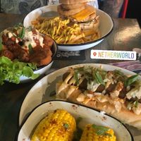 Burger special, demon drummies, reuben dog at Netherworld in Fortitude Valley