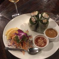 Fresh rolls with tofu and peanut sauce and another sweet chili sauce , plum wine was so good! at Rama V Thai & Sushi in West Palm Beach