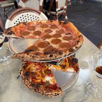 Top: pepperoni. Bottom: pesto royale but with red sauce. Espresso martinis.   at Floralia in Honolulu