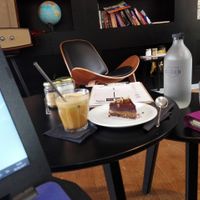 Raw vegan peanut butter chocolate cake from the Vegan Fairies and Vegan Freddo Cappuccino  with Soya milk! at Dizer Coffee Specialization in Athens