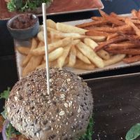 Vegan burger with french and sweet potato fries  at Peter Pane - Goldbekplatz in Hamburg