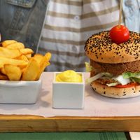 Vegan burger and fries at Green Bar. A bit dry burger, I think it had a chick pea patty.  at Green Bar in Malaga