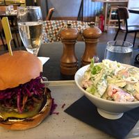 Beetroot burger  & delicious creamy crunchy salad at The Gate - Marylebone in London