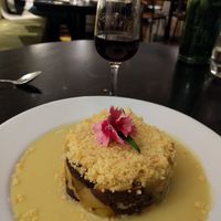 Prune and apple crumble with paired disgetif, Pedro Ximenex Emilio Hidalgo at The Gate - Marylebone in London