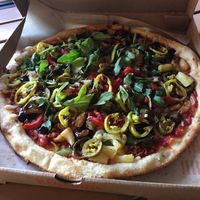 Vegan build your own pizza. Spicy red sauce, cheeze, and soyrizo. 11-inch. Yum at Blaze Pizza in Davis