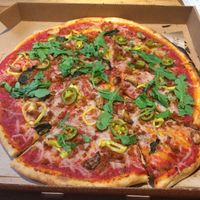 Vegan build-your-own pizza with cheeze and soyrizo. Delicioso!! at Blaze Pizza in Davis