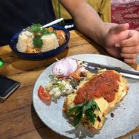 Vegan lasagna with a side salad and the jackfruit curry at Chic Pea Vegan Cafe in Fremantle