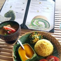 Nangka Curry, jackfruit, pumpkin soup, corn and greens, coconut rice at Galanga in Bunutan