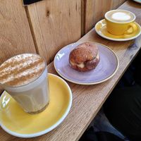 Chai, chocolate doughnut and flat white at The Fields Beneath - Kentish Town in North West London