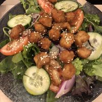 Salad with vegan cheese, tofu, and chicken popcorn at Chillin' Cafe in Madrid