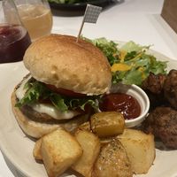 Fluunt Burger dinner menu. Fake cheese burger with fried soy meat, french fries and salad. Very delicious!  at Fluunt KOFU in Kofu