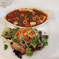Vegan Gnocchi with tomato sauce (a little bit spicy), olives and salad at The Ceilidh Place in Ullapool