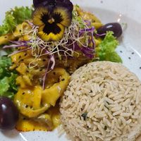 Aji Mushrooms with rice and potato at Vida Vegan Bistro in Cusco