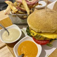 Chickpea burger & fries  at Vida Vegan Bistro in Cusco