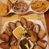 garlic bread and tostones at Vida Vegan Bistro in Cusco
