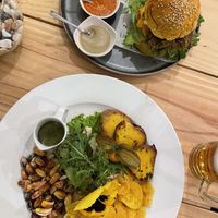 Burger (great sauce selection!) and mushroom ceviche (the ceviche component was relatively small and buried under the greens)  at Vida Vegan Bistro in Cusco