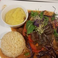 Great soy meat, super tasty mash potato. First option on the mains menu at Vida Vegan Bistro in Cusco