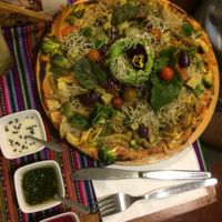Veggie pizza (best I’ve ever tasted) 🥰 at Vida Vegan Bistro in Cusco