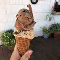 Minty dark chocolate + mint chunky chip on a waffle cone.  at Sticky Sweet in Portland