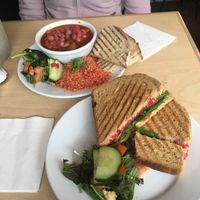 Chunky hummus toasted sandwich and tagine  at Larder in Brighton