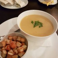 Soup - vegan cheese, potato and onion. So tasty!  at Ugol in Moscow