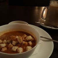 Soup and lavender tea with soy milk at Ugol in Moscow