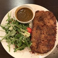 seitan steak with salad at Ugol in Moscow