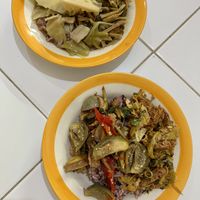 Two plates of rice and two toppings each   at Ranahat Je Vegan Restaurant in Ayutthaya