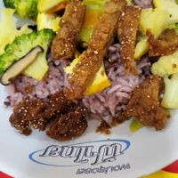 Rice with Tofu and veggies from the buffet at Ranahat Je Vegan Restaurant in Ayutthaya