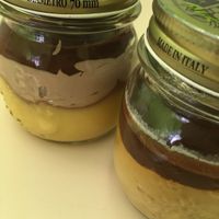 Dessert: vanilla and coffee chocolate puddings  at Yerbabuena - Hileras in Madrid