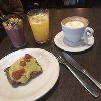 Combo 5 - clearly marked as vegan (avo on lentil fritter, açai, orange juice, coffee (conform with server for vegan milk)  at Urbe Cafe Bar in Sao Paulo