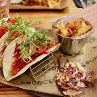 Taco Taco Taco Tray with fries and slaw at Source in York