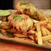 'Fish' and chips with mushy peas and tartar sauce at Source in York