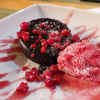 Chocolate cake with strawberry sorbet at Sa Cova in Mallorca
