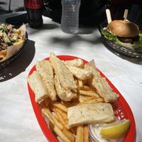 Fish burger, mushroom loaded fries and seafood basket.  at The Fish Shack in Canberra