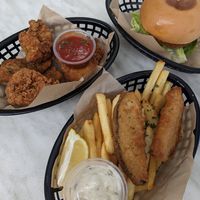 "KFC" with volcano sauce, tofu fish and chips, chick'n burger at The Fish Shack in Canberra