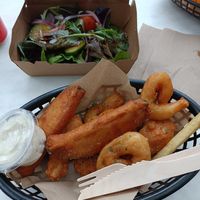 Vegan fish shack mix - fish, calamari, prawn and garden salad at The Fish Shack in Canberra