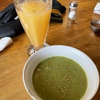 Spinach soup and tumbo juice, yum  at Lupito Cocina Vegana in La Paz